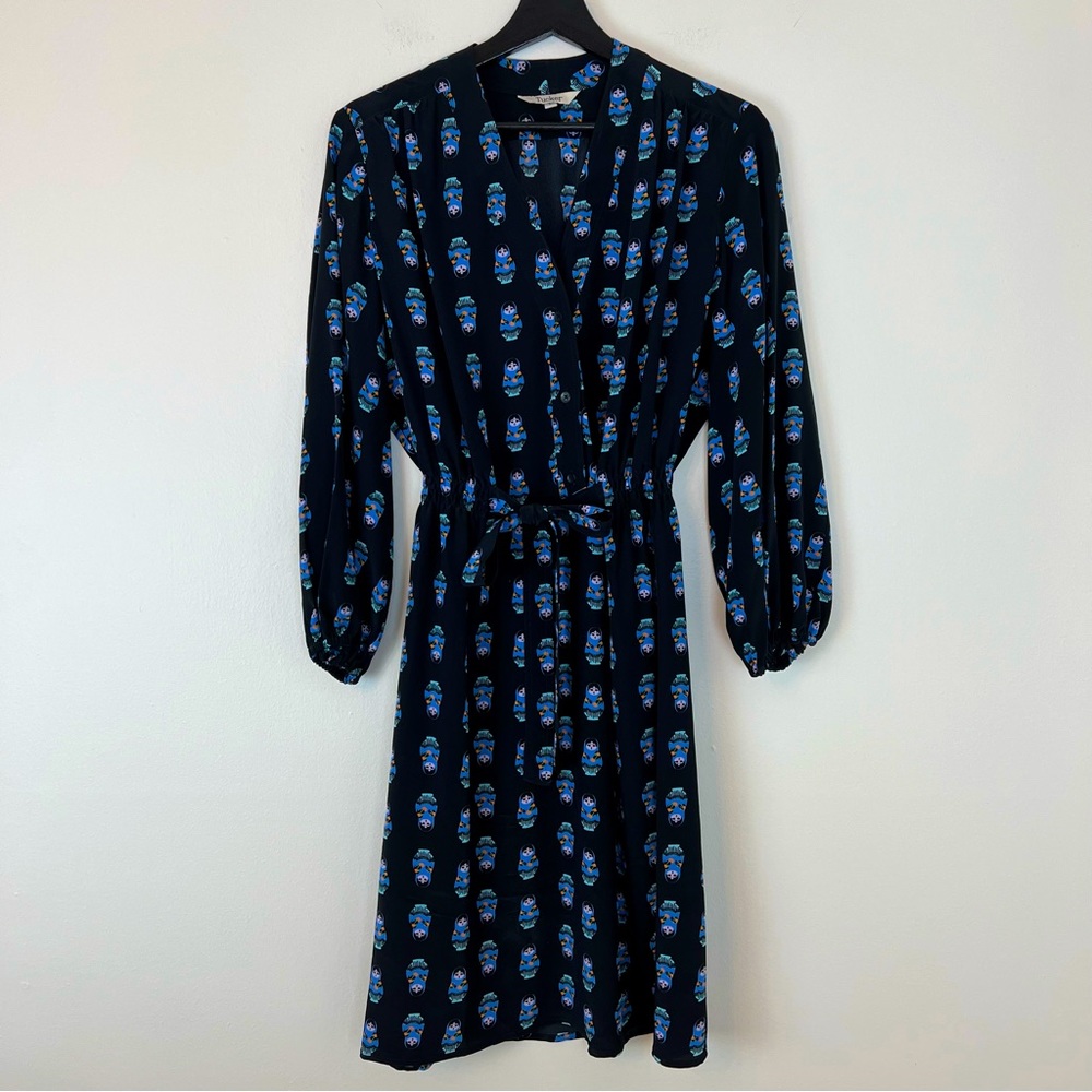 Tucker NYC Matryoshka Russian Doll Silk Dress Black Large Party Office Work